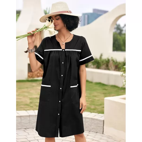 Ekouaer Sleepwear Womens Snap Front Nightgown Housecoat Cotton Duster Short Sleeve House DressBlack