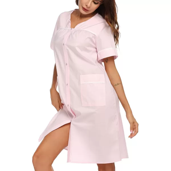 Ekouaer Sleepwear Womens Snap Front Nightgown Housecoat Cotton Duster Short Sleeve House DressLight Pink