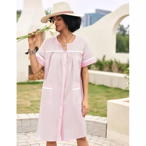 Ekouaer Sleepwear Womens Snap Front Nightgown Housecoat Cotton Duster Short Sleeve House DressLight Pink