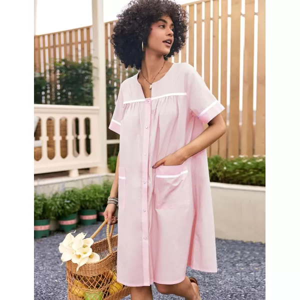 Ekouaer Sleepwear Womens Snap Front Nightgown Housecoat Cotton Duster Short Sleeve House DressLight Pink