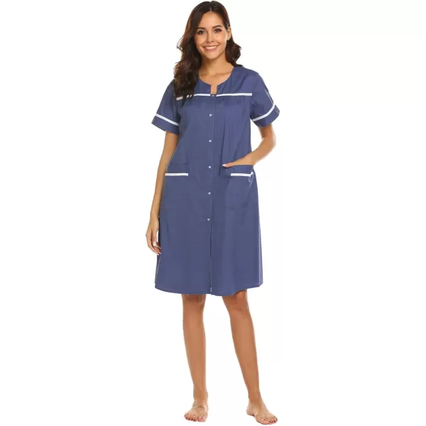 Ekouaer Sleepwear Womens Snap Front Nightgown Housecoat Cotton Duster Short Sleeve House DressNavy