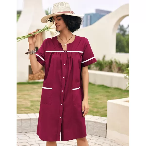 Ekouaer Sleepwear Womens Snap Front Nightgown Housecoat Cotton Duster Short Sleeve House DressWine Red