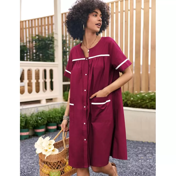 Ekouaer Sleepwear Womens Snap Front Nightgown Housecoat Cotton Duster Short Sleeve House DressWine Red