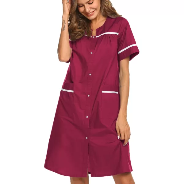 Ekouaer Sleepwear Womens Snap Front Nightgown Housecoat Cotton Duster Short Sleeve House DressWine Red