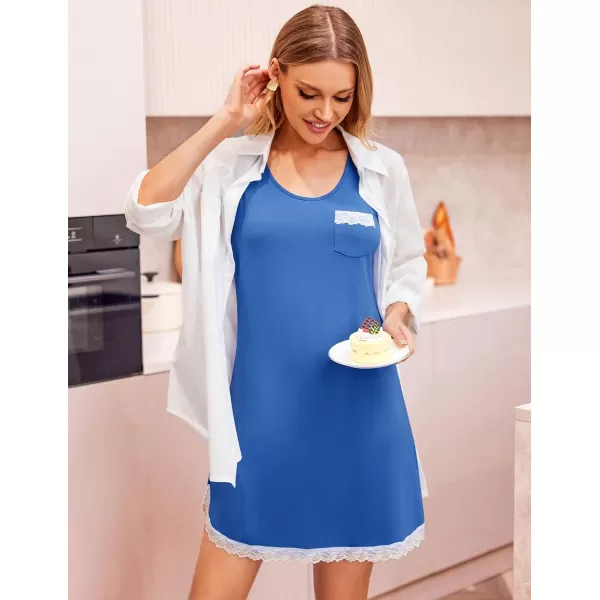 Ekouaer Sleeveless Nightgown for Women Soft Lace Trim Sleep Dress Chemise Sleepwear Sleep Shirt Nightshirt with PocketSXXLAblue