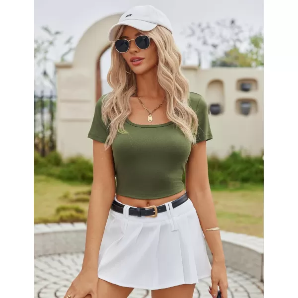 Ekouaer Summer Outfits for Women 2 Piece Lounge Sets Comfy Square Neck Short Sleeve Wide Leg Pants Matching Sets with PocketsArmy Green