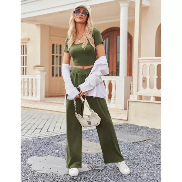 Ekouaer Summer Outfits for Women 2 Piece Lounge Sets Comfy Square Neck Short Sleeve Wide Leg Pants Matching Sets with PocketsArmy Green