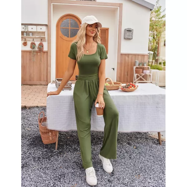 Ekouaer Summer Outfits for Women 2 Piece Lounge Sets Comfy Square Neck Short Sleeve Wide Leg Pants Matching Sets with PocketsArmy Green