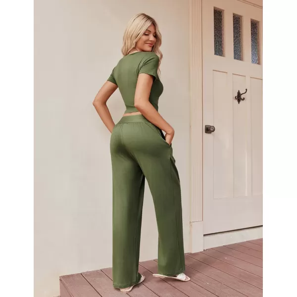 Ekouaer Summer Outfits for Women 2 Piece Lounge Sets Comfy Square Neck Short Sleeve Wide Leg Pants Matching Sets with PocketsArmy Green