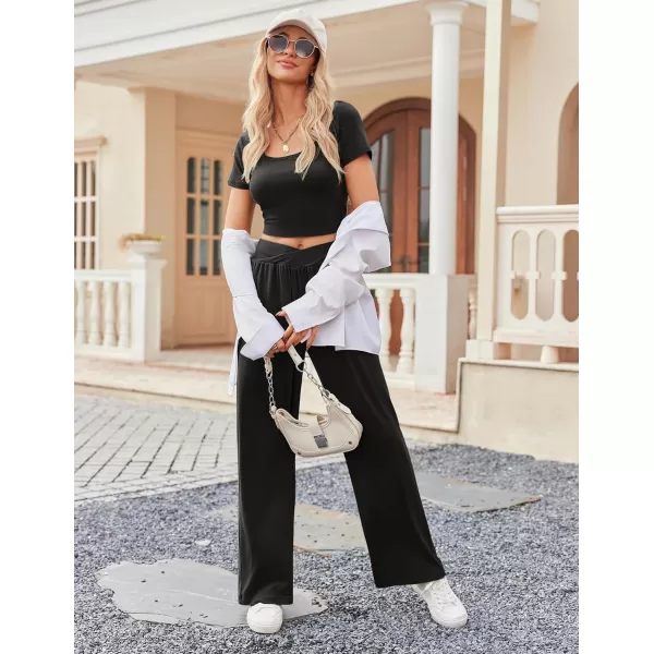 Ekouaer Summer Outfits for Women 2 Piece Lounge Sets Comfy Square Neck Short Sleeve Wide Leg Pants Matching Sets with PocketsBlack