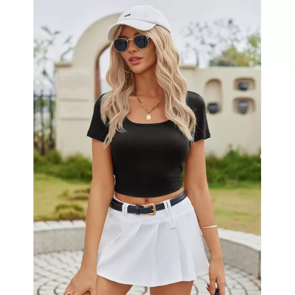 Ekouaer Summer Outfits for Women 2 Piece Lounge Sets Comfy Square Neck Short Sleeve Wide Leg Pants Matching Sets with PocketsBlack