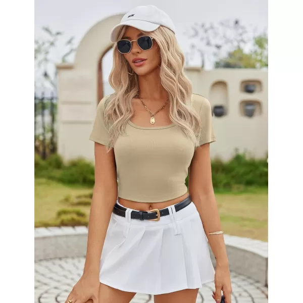 Ekouaer Summer Outfits for Women 2 Piece Lounge Sets Comfy Square Neck Short Sleeve Wide Leg Pants Matching Sets with PocketsKhaki