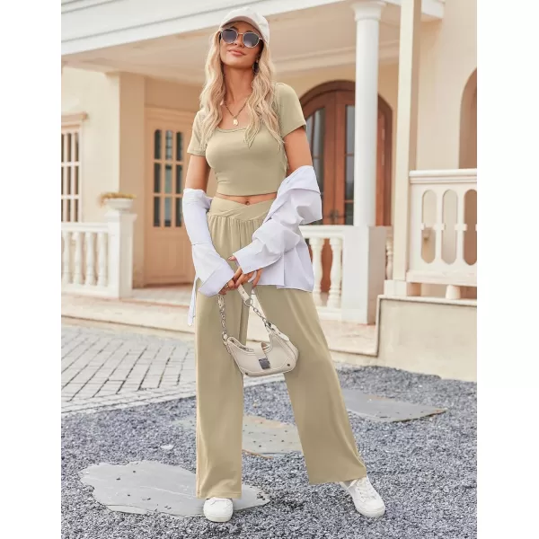 Ekouaer Summer Outfits for Women 2 Piece Lounge Sets Comfy Square Neck Short Sleeve Wide Leg Pants Matching Sets with PocketsKhaki