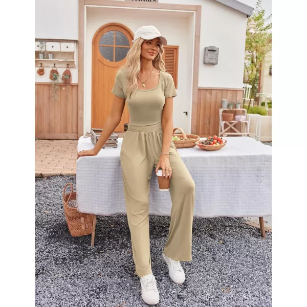 Ekouaer Summer Outfits for Women 2 Piece Lounge Sets Comfy Square Neck Short Sleeve Wide Leg Pants Matching Sets with PocketsKhaki