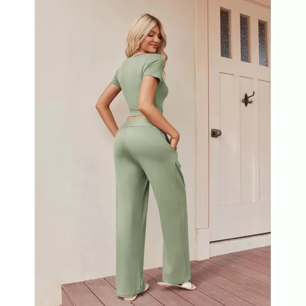 Ekouaer Summer Outfits for Women 2 Piece Lounge Sets Comfy Square Neck Short Sleeve Wide Leg Pants Matching Sets with PocketsLight Green