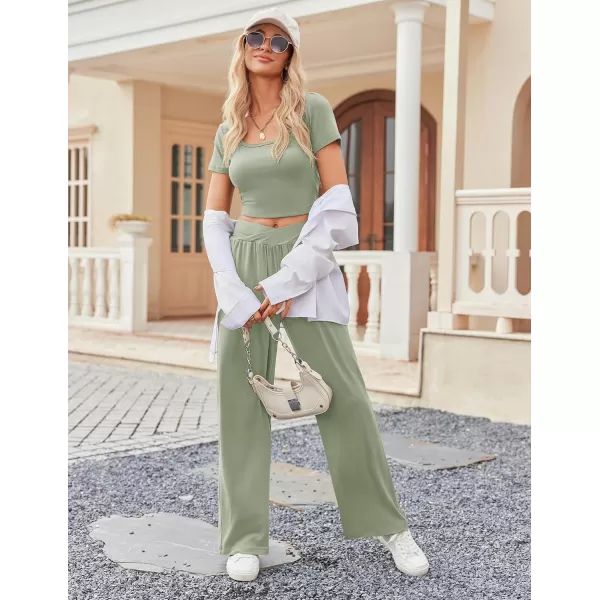 Ekouaer Summer Outfits for Women 2 Piece Lounge Sets Comfy Square Neck Short Sleeve Wide Leg Pants Matching Sets with PocketsLight Green