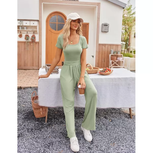 Ekouaer Summer Outfits for Women 2 Piece Lounge Sets Comfy Square Neck Short Sleeve Wide Leg Pants Matching Sets with PocketsLight Green