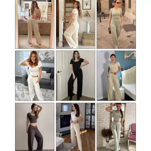 Ekouaer Summer Outfits for Women 2 Piece Lounge Sets Comfy Square Neck Short Sleeve Wide Leg Pants Matching Sets with PocketsWhite