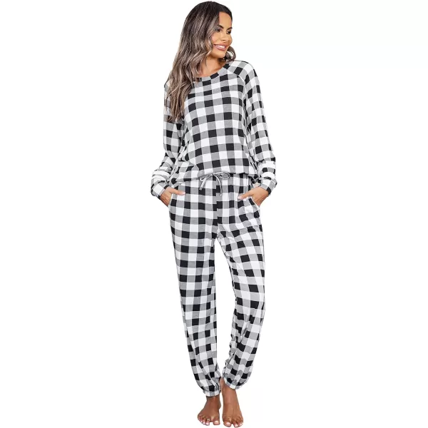 Ekouaer Sweatsuits Womens Loungewear Set Tracksuit Long Sleeve Pajamas Set with Pockets 2 Piece Outfits Lounge SetsClassic Black White Plaid