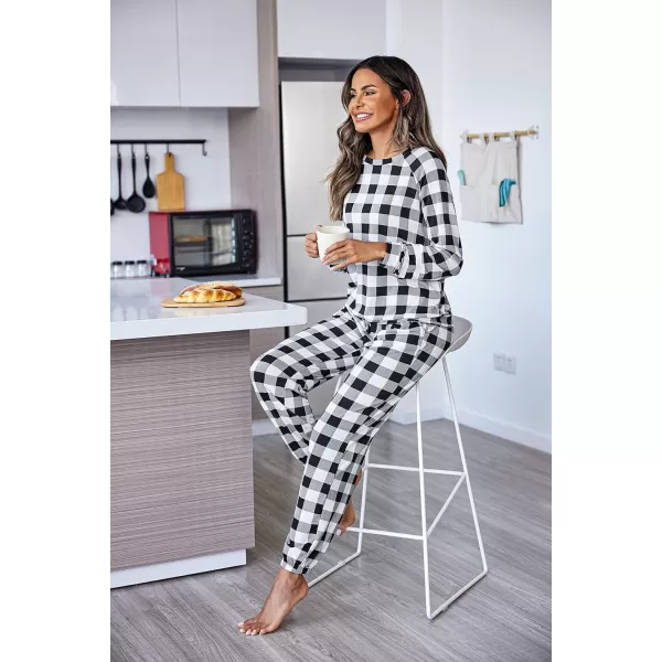 Ekouaer Sweatsuits Womens Loungewear Set Tracksuit Long Sleeve Pajamas Set with Pockets 2 Piece Outfits Lounge SetsClassic Black White Plaid