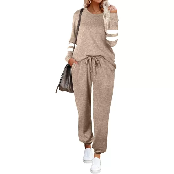 Ekouaer Sweatsuits Womens Loungewear Set Tracksuit Long Sleeve Pajamas Set with Pockets 2 Piece Outfits Lounge SetsClassic Khaki