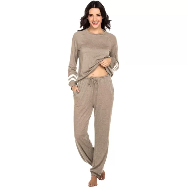 Ekouaer Sweatsuits Womens Loungewear Set Tracksuit Long Sleeve Pajamas Set with Pockets 2 Piece Outfits Lounge SetsClassic Khaki