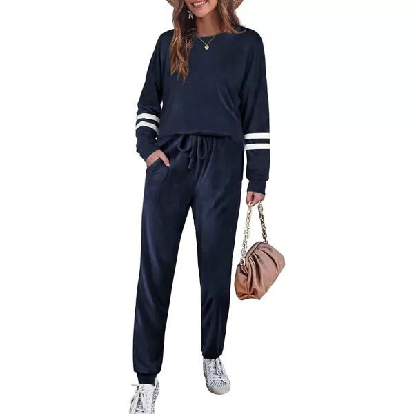 Ekouaer Sweatsuits Womens Loungewear Set Tracksuit Long Sleeve Pajamas Set with Pockets 2 Piece Outfits Lounge SetsVelour Velour Navy Blue