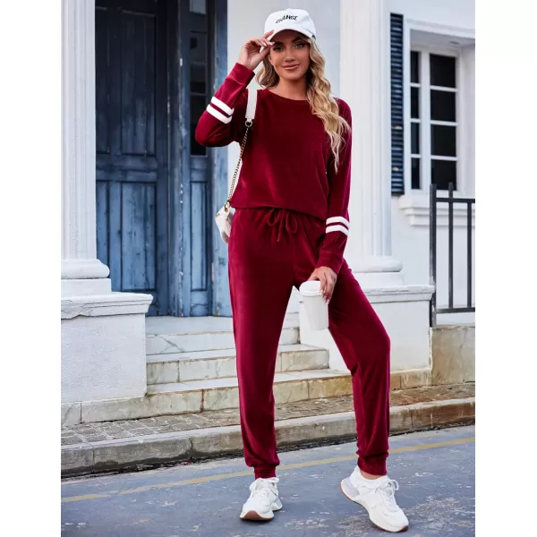 Ekouaer Sweatsuits Womens Loungewear Set Tracksuit Long Sleeve Pajamas Set with Pockets 2 Piece Outfits Lounge SetsVelour Velour Wine Red