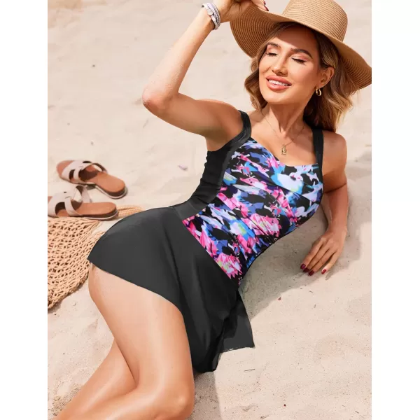 Ekouaer Swim Dress One Piece Bathing Suit Skirted Swimsuits for Women Ruched Retro Swimwear SXXLBlack