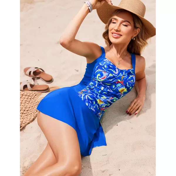 Ekouaer Swim Dress One Piece Bathing Suit Skirted Swimsuits for Women Ruched Retro Swimwear SXXLBlue