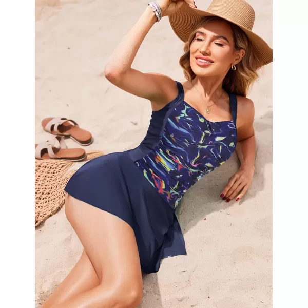 Ekouaer Swim Dress One Piece Bathing Suit Skirted Swimsuits for Women Ruched Retro Swimwear SXXLNavy Blue