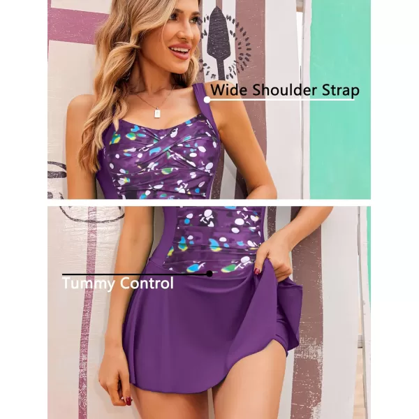 Ekouaer Swim Dress One Piece Bathing Suit Skirted Swimsuits for Women Ruched Retro Swimwear SXXLPurple