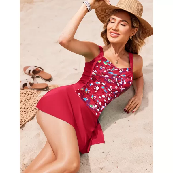 Ekouaer Swim Dress One Piece Bathing Suit Skirted Swimsuits for Women Ruched Retro Swimwear SXXLWine Red