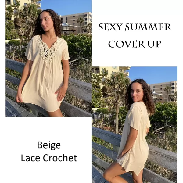 Ekouaer Swimsuit Cover Ups Women Lace Crochet VNeck Bikini Summer Beach Coverups Dress for Swimwear Bathing Suit00beige