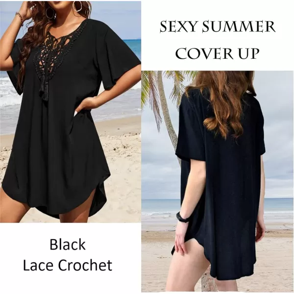 Ekouaer Swimsuit Cover Ups Women Lace Crochet VNeck Bikini Summer Beach Coverups Dress for Swimwear Bathing Suit00black