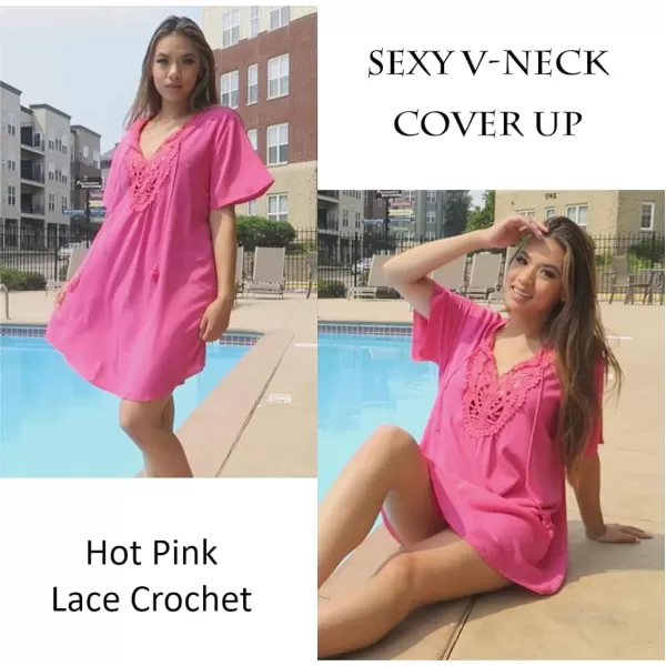 Ekouaer Swimsuit Cover Ups Women Lace Crochet VNeck Bikini Summer Beach Coverups Dress for Swimwear Bathing Suit00hot Pink