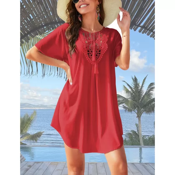 Ekouaer Swimsuit Cover Ups Women Lace Crochet VNeck Bikini Summer Beach Coverups Dress for Swimwear Bathing Suit00red