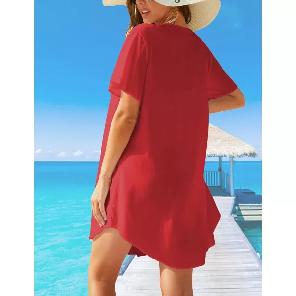 Ekouaer Swimsuit Cover Ups Women Lace Crochet VNeck Bikini Summer Beach Coverups Dress for Swimwear Bathing Suit00red