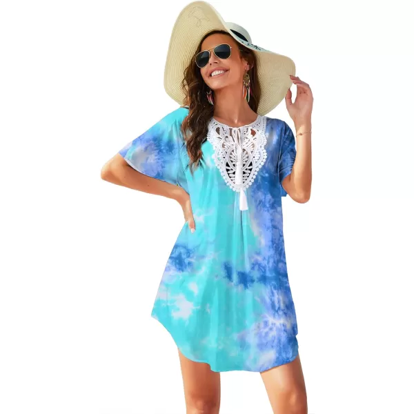 Ekouaer Swimsuit Cover Ups Women Lace Crochet VNeck Bikini Summer Beach Coverups Dress for Swimwear Bathing Suit02blue Tie Dye