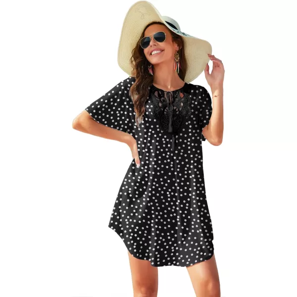 Ekouaer Swimsuit Cover Ups Women Lace Crochet VNeck Bikini Summer Beach Coverups Dress for Swimwear Bathing SuitBblack Polka Dots