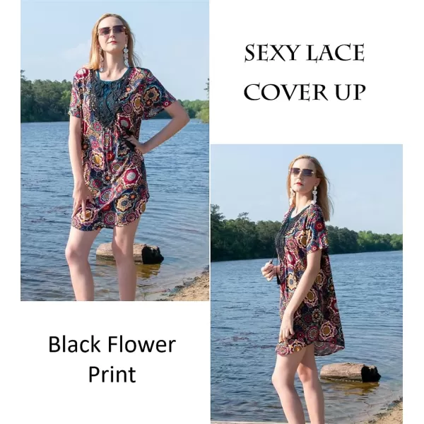 Ekouaer Swimsuit Cover Ups Women Lace Crochet VNeck Bikini Summer Beach Coverups Dress for Swimwear Bathing SuitBlack Flower