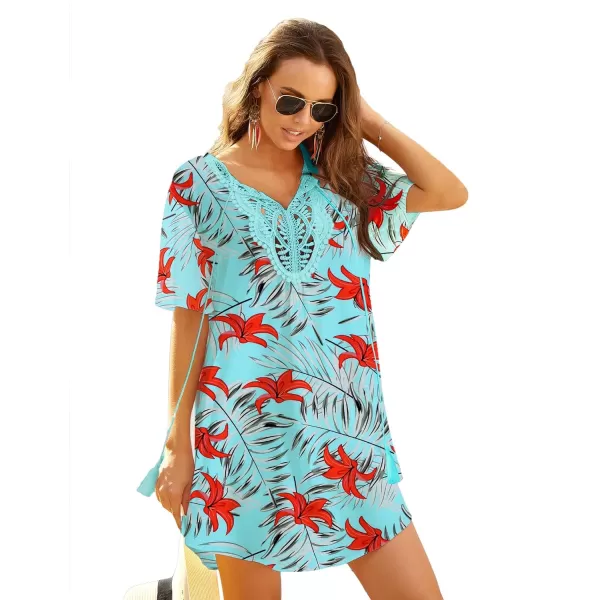 Ekouaer Swimsuit Cover Ups Women Lace Crochet VNeck Bikini Summer Beach Coverups Dress for Swimwear Bathing SuitMint Blue Tropical Print