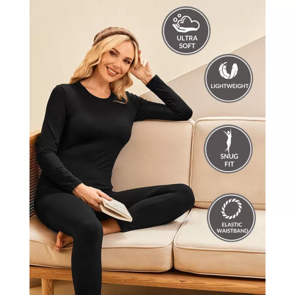 Ekouaer Thermal Underwear for Women Long Johns Sets Base Layer Lightweight 2 Pieces Pajams SetBlack