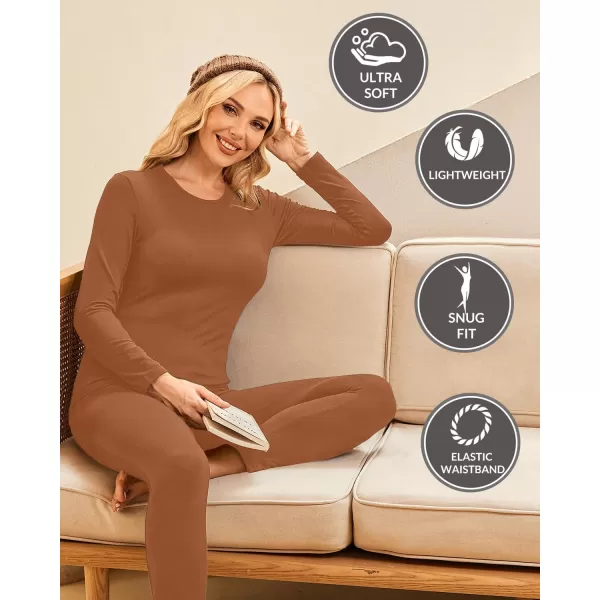 Ekouaer Thermal Underwear for Women Long Johns Sets Base Layer Lightweight 2 Pieces Pajams SetBrown