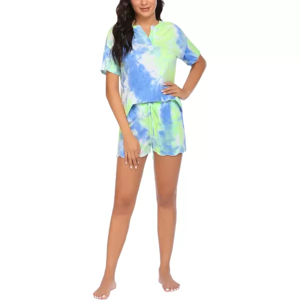 Ekouaer Tie Dye Pajamas Set Womens Loungewear Sleepwear 2 Piece PJ SetsTie Dye Blue Green