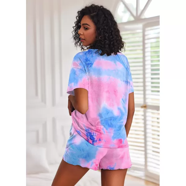 Ekouaer Tie Dye Pajamas Set Womens Loungewear Sleepwear 2 Piece PJ SetsTie Dye Blue Pink