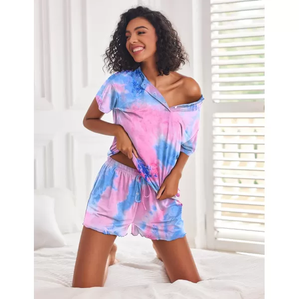 Ekouaer Tie Dye Pajamas Set Womens Loungewear Sleepwear 2 Piece PJ SetsTie Dye Blue Pink