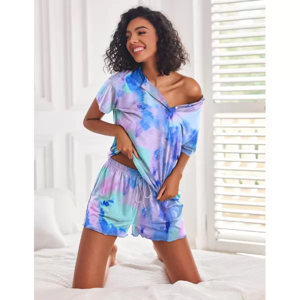 Ekouaer Tie Dye Pajamas Set Womens Loungewear Sleepwear 2 Piece PJ SetsTie Dye Blue Purple Green