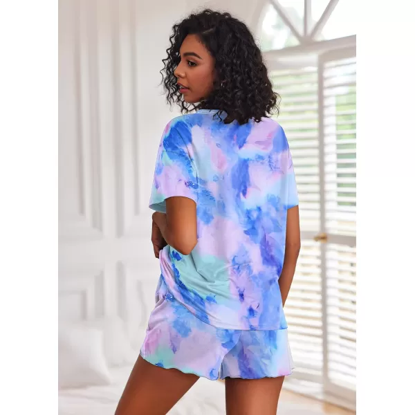 Ekouaer Tie Dye Pajamas Set Womens Loungewear Sleepwear 2 Piece PJ SetsTie Dye Blue Purple Green