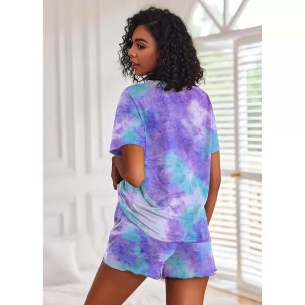 Ekouaer Tie Dye Pajamas Set Womens Loungewear Sleepwear 2 Piece PJ SetsTie Dye Blue and Purple